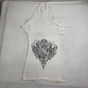 Cello Outfitters‎ White Cap Sleeve Hoodie Shirt Peace Bedazzled Women's L Crest